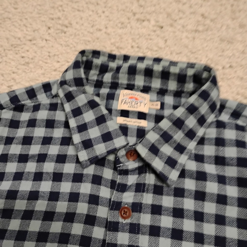 Faherty Shirt Mens XL Blue Button Gingham Check Flannel Organic Cotton Pocket